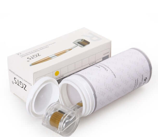 Titanium Derma Roller with micro needles for facial repair, packaged in a protective container and box.