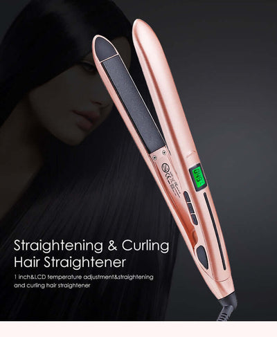 Mini hair straightener showing 1 inch plate and LCD temperature adjustment for styling and curling.