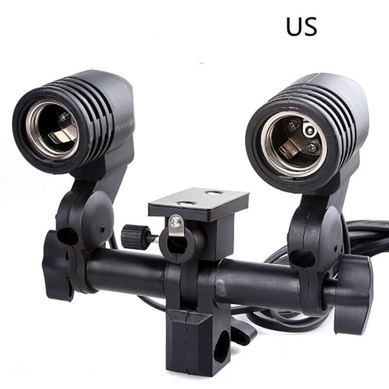 Double lamp holder for photography lighting with E27 sockets and adjustable mounting base.