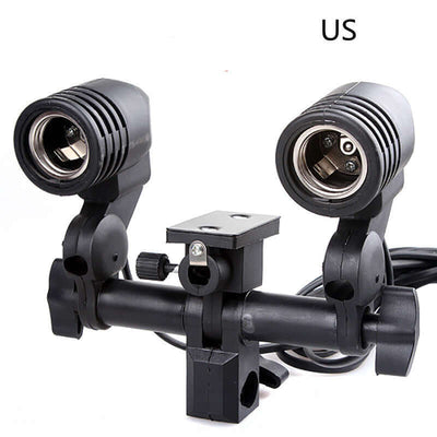 Double lamp holder for photography lighting with E27 sockets and adjustable mounting base.