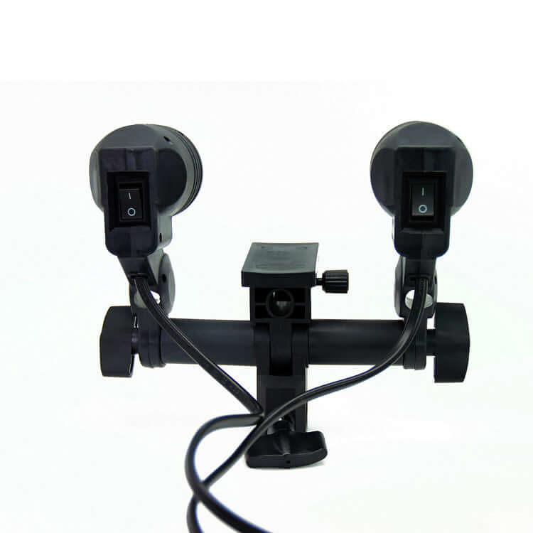 Dual lamp holder with manual switches and E27 interface for photography lighting equipment.