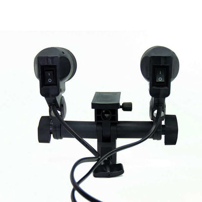 Dual lamp holder with manual switches and E27 interface for photography lighting equipment.