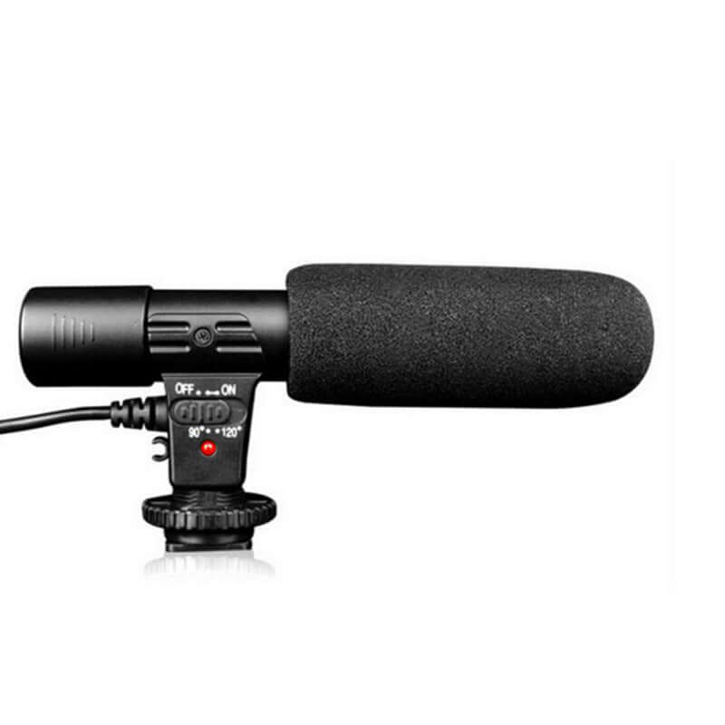 Black back-pole condenser microphone designed for camera photography with adjustable settings.
