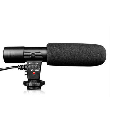 Black back-pole condenser microphone designed for camera photography with adjustable settings.