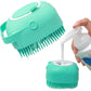 Pet dog shampoo massager brush with soap dispenser for easy bathing and grooming of short-haired pets.