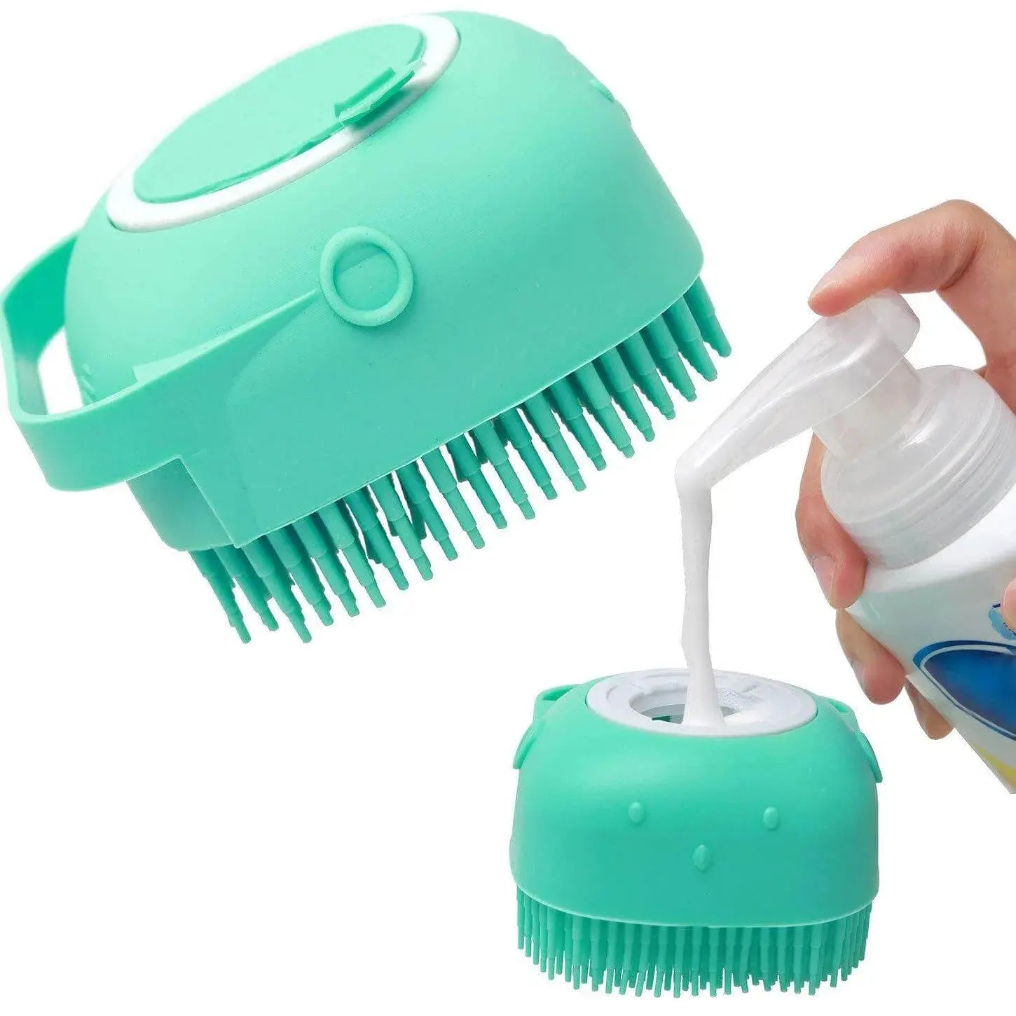 Pet dog shampoo massager brush with soap dispenser for easy bathing and grooming of short-haired pets.