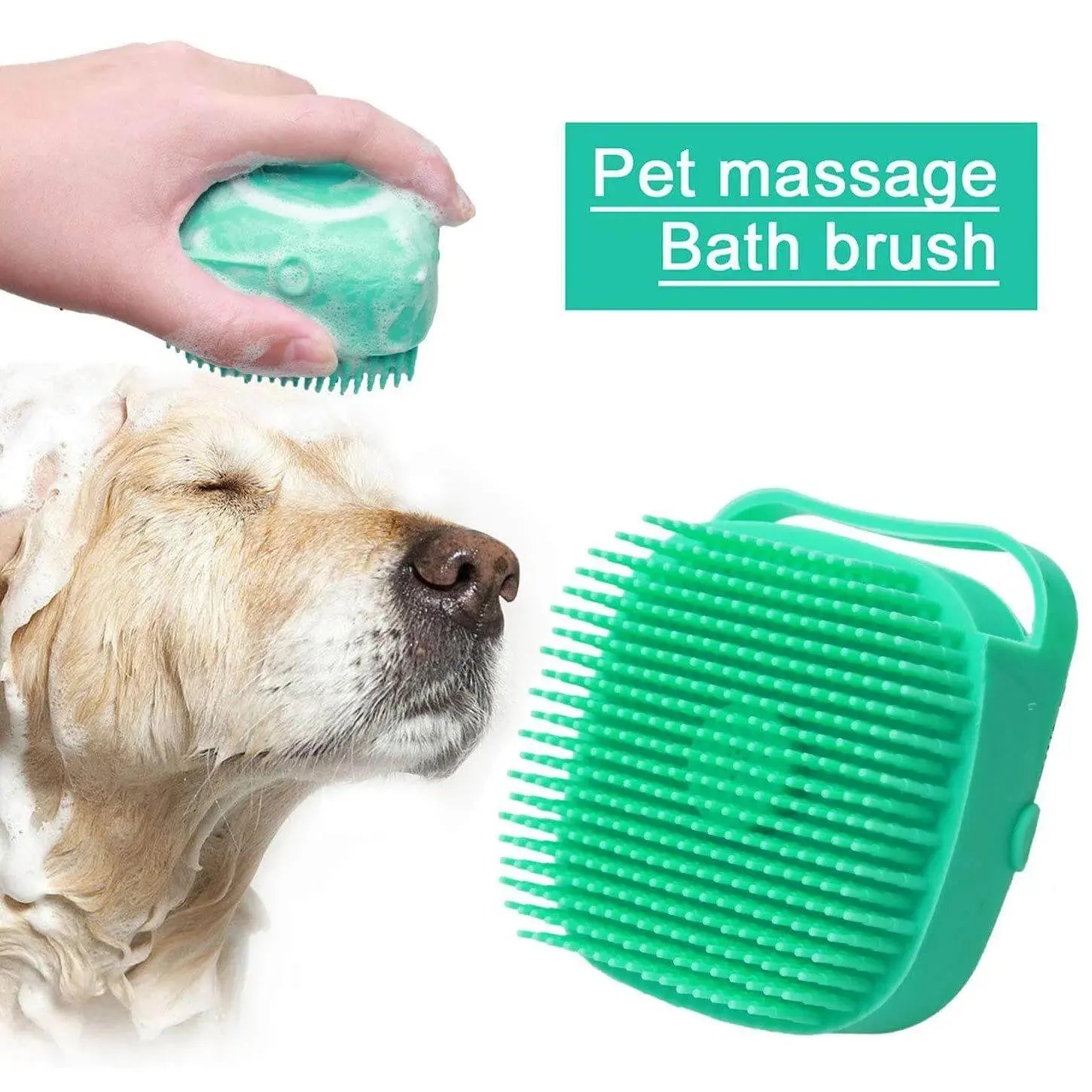 Pet dog shampoo massager brush for bathing, featuring soft silicone bristles for cleansing and soothing massage.