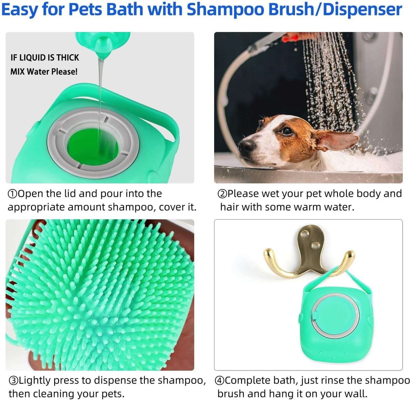 Step-by-step guide for using pet shampoo brush dispenser for effective bathing and massaging.