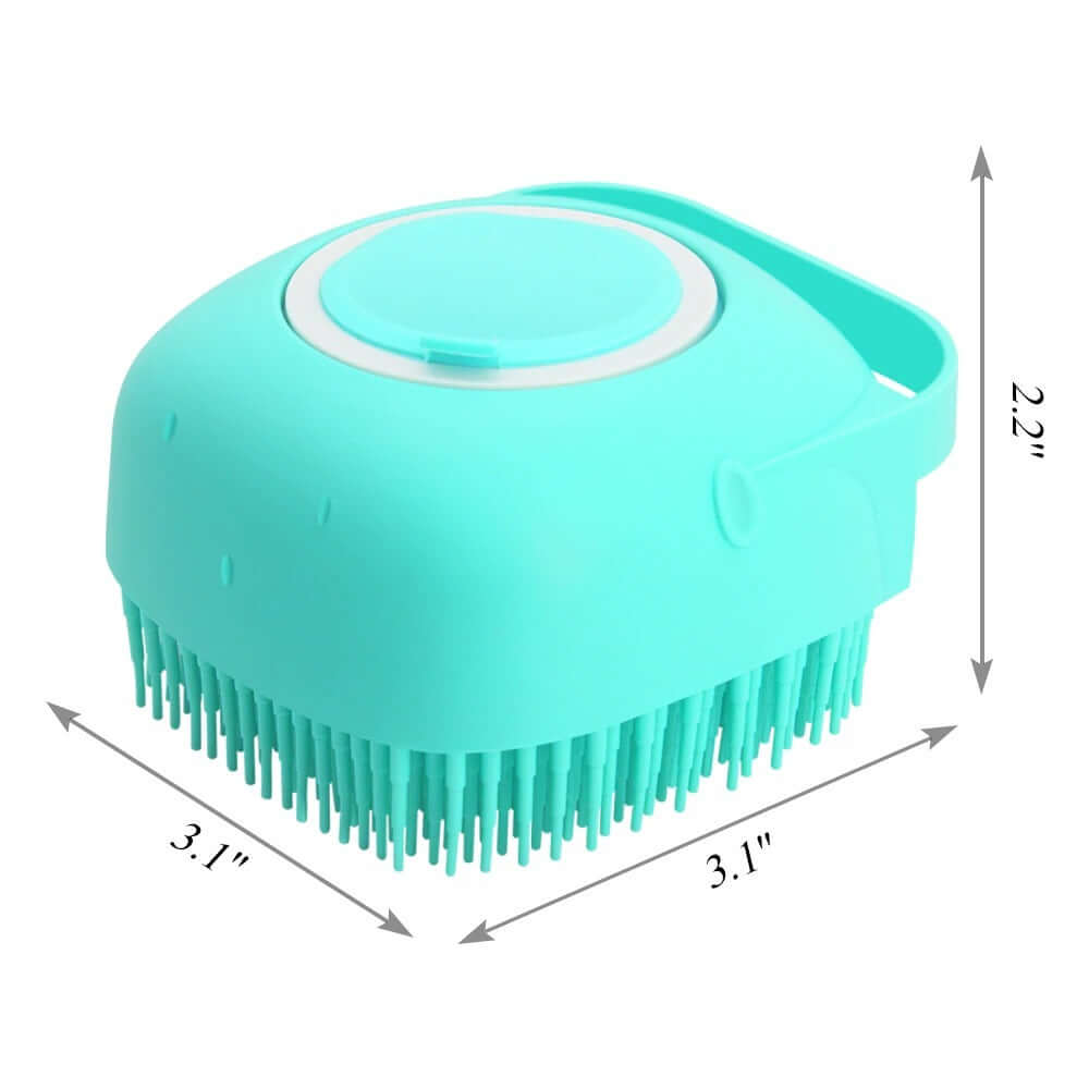 Pet dog shampoo massager brush in teal, featuring silicone bristles for bathing and grooming short hair pets.