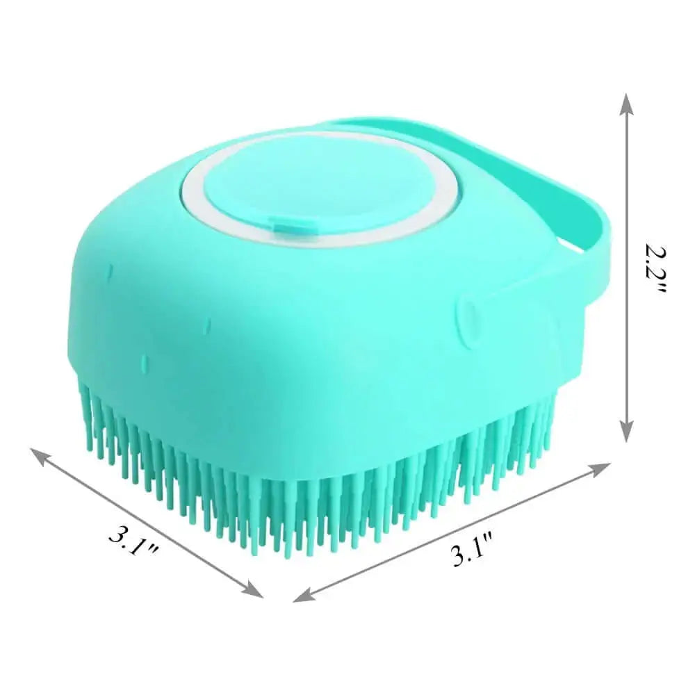 Pet dog shampoo massager brush in teal, featuring silicone bristles for bathing and grooming short hair pets.