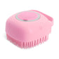 Pink pet dog shampoo massager brush with silicone bristles for grooming and bathing short hair pets.