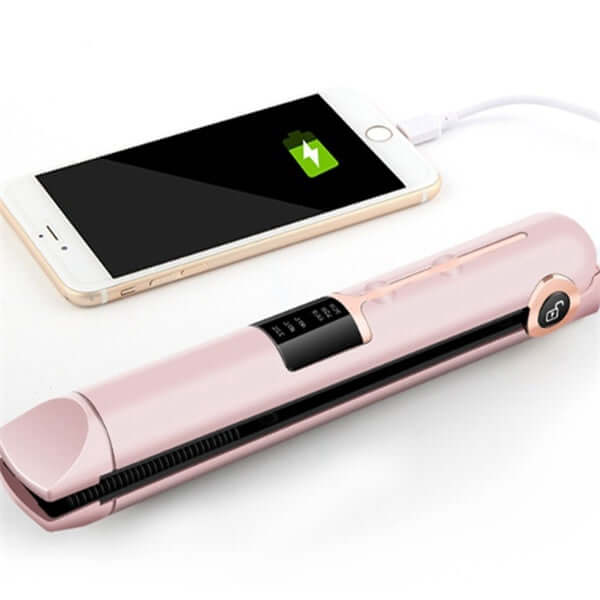 Wireless hair straightener with charging phone, displaying adjustable temperature settings.