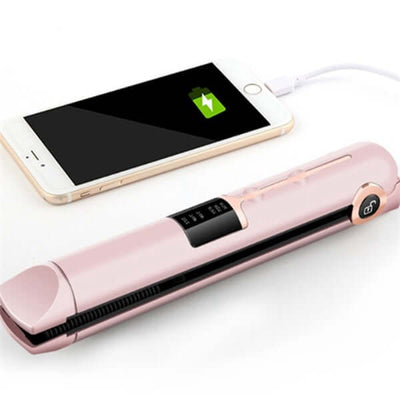 Wireless hair straightener with charging phone, displaying adjustable temperature settings.