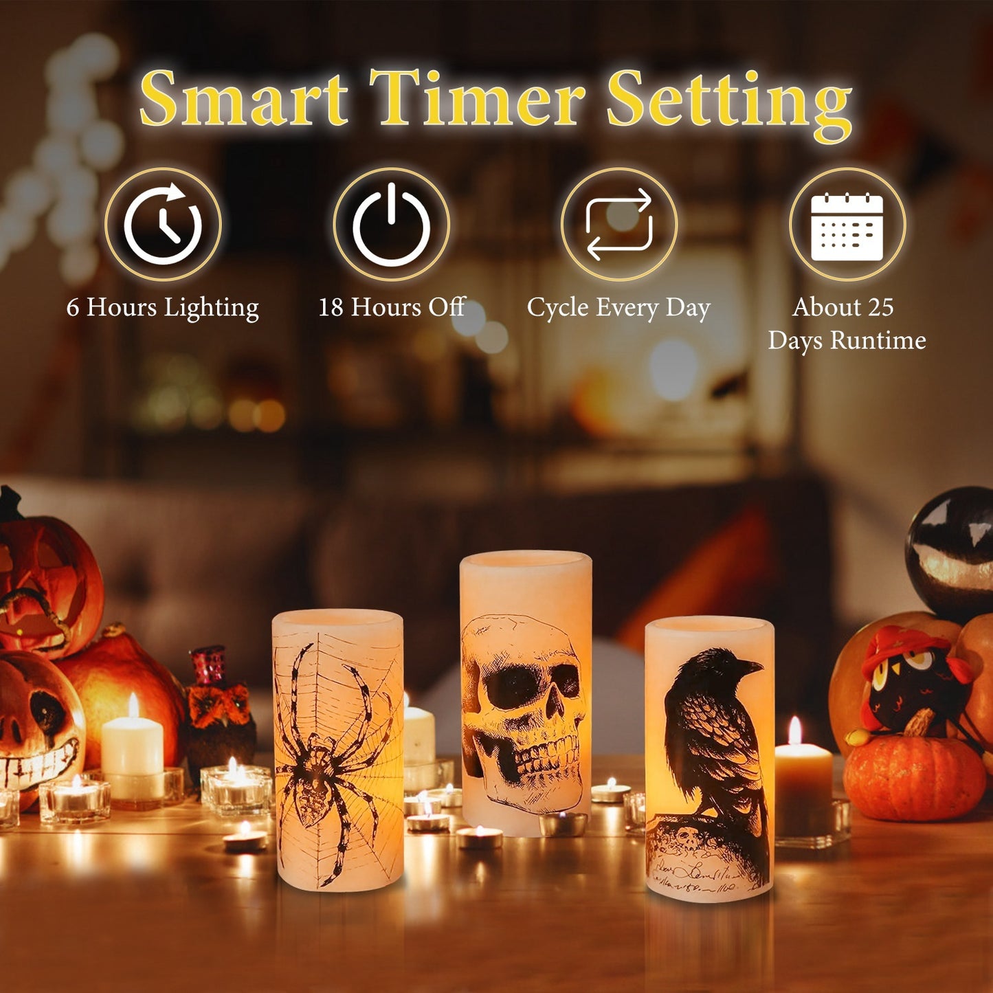 NEVY-TECH offers 3 warm orange flameless candles with timer—battery-operated Halloween lights for safe, spooky décor.