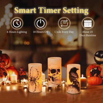 NEVY-TECH offers 3 warm orange flameless candles with timer—battery-operated Halloween lights for safe, spooky décor.