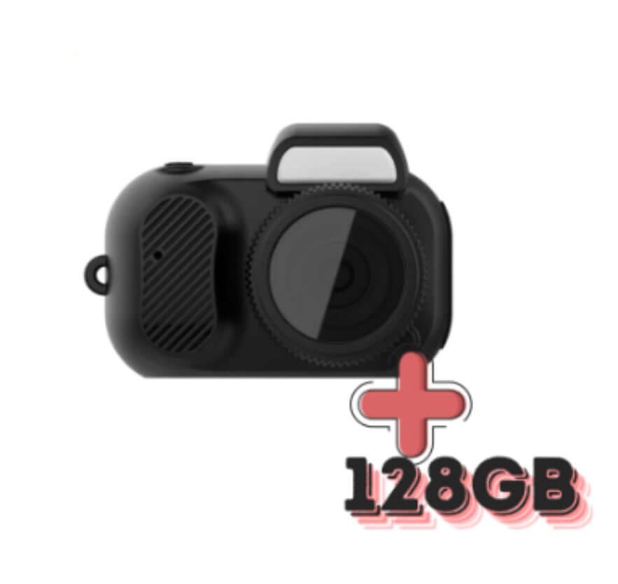 Black Y30 camera with 128GB memory card, designed for video recording and photography in a compact size.