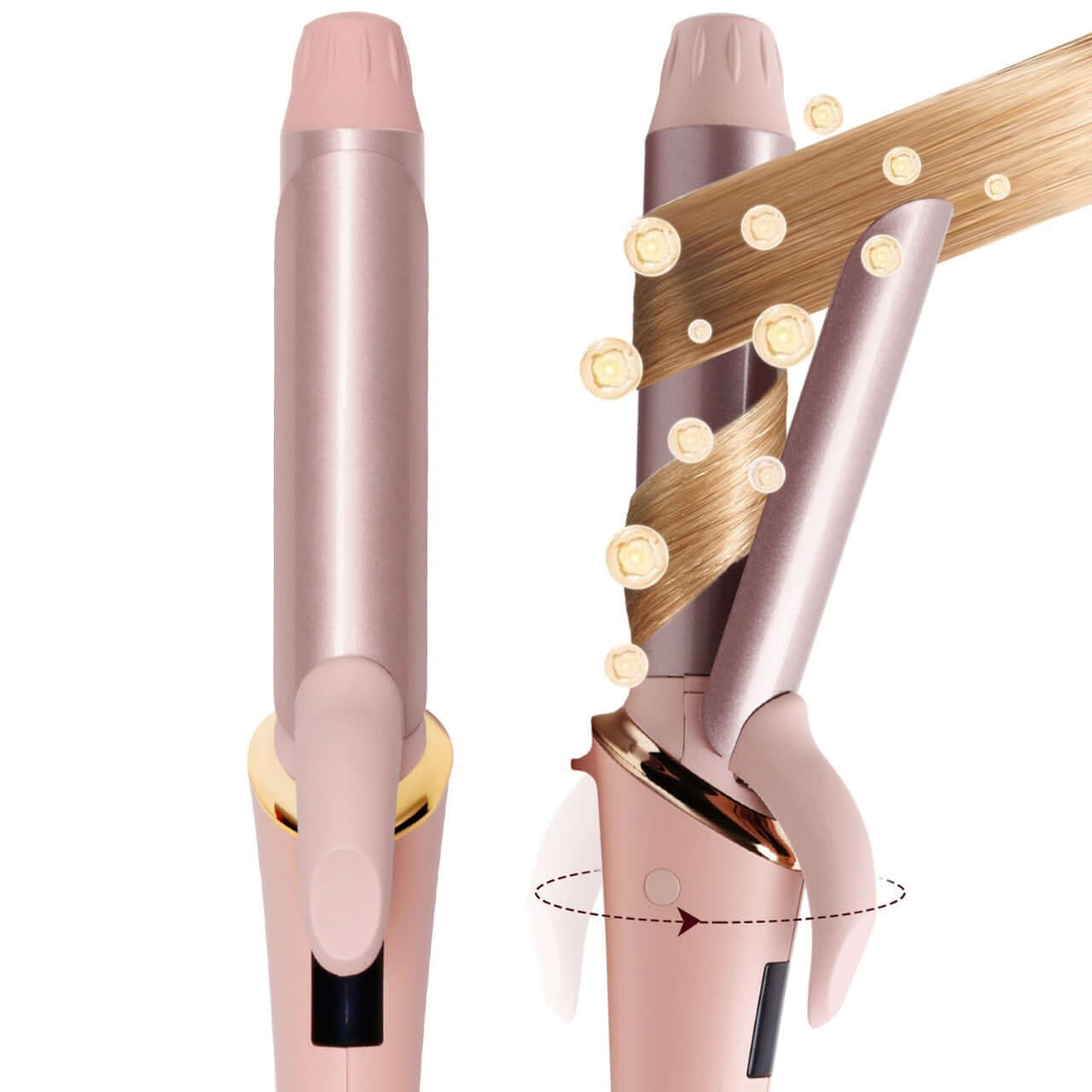 Portable automatic hair curler in pink, featuring a user-friendly design for effortless styling.