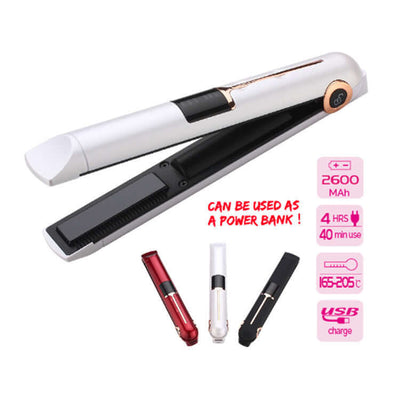Wireless hair straightener with USB charge, 2600 mAh battery, adjustable temp 165-205°C, doubles as power bank.
