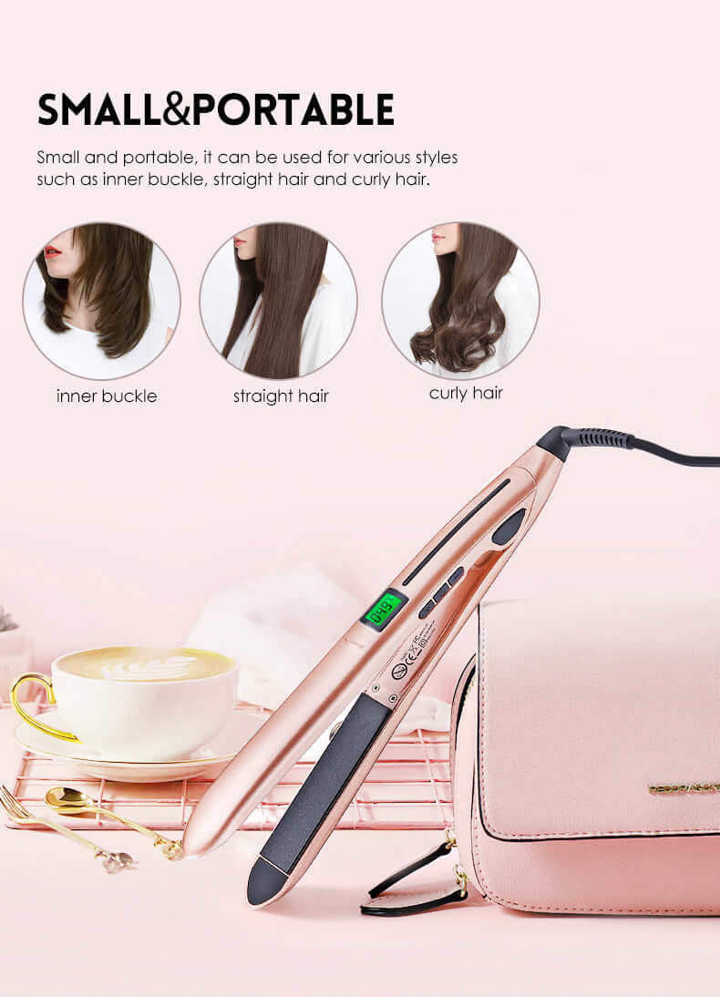 Mini hair straightener in rose gold design, ideal for creating straight, curly, or inner buckle styles, portable and compact.