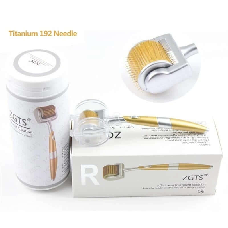 Titanium Derma Roller with 192 needles, packaged with treatment solution for facial repair and beauty enhancement.