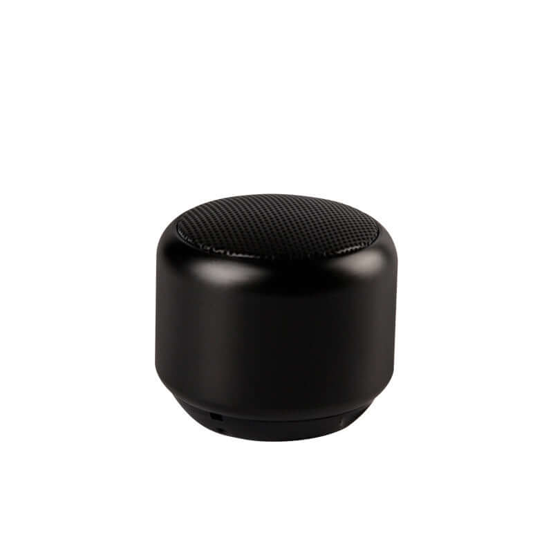 Portable outdoor mini speaker in black, compact design with superior audio and Bluetooth wireless connectivity.