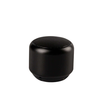 Portable outdoor mini speaker in black, compact design with superior audio and Bluetooth wireless connectivity.