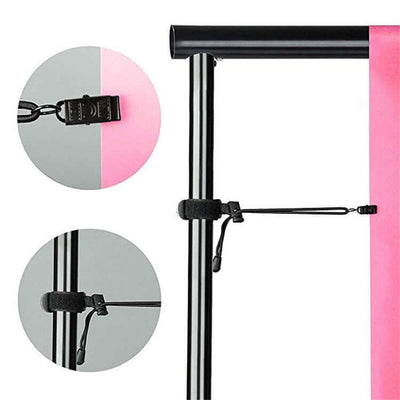 Photography background cotton clip with adjustment cord, featuring black stainless steel and spandex material.