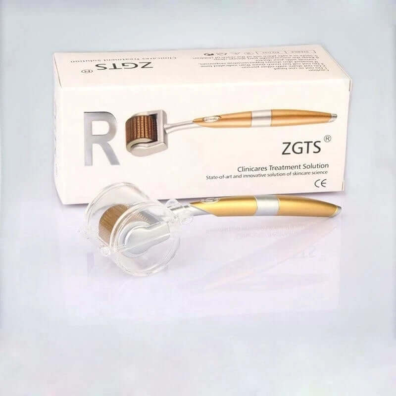 Titanium Derma Roller with microneedles in packaging, ideal for facial repair and rejuvenation.
