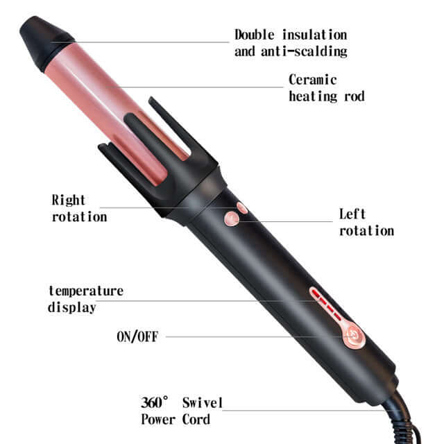 Automatic hair curler showcasing ceramic heating rod, 360° swivel power cord, and temperature display with rotation options.