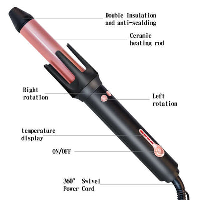 Automatic hair curler showcasing ceramic heating rod, 360° swivel power cord, and temperature display with rotation options.