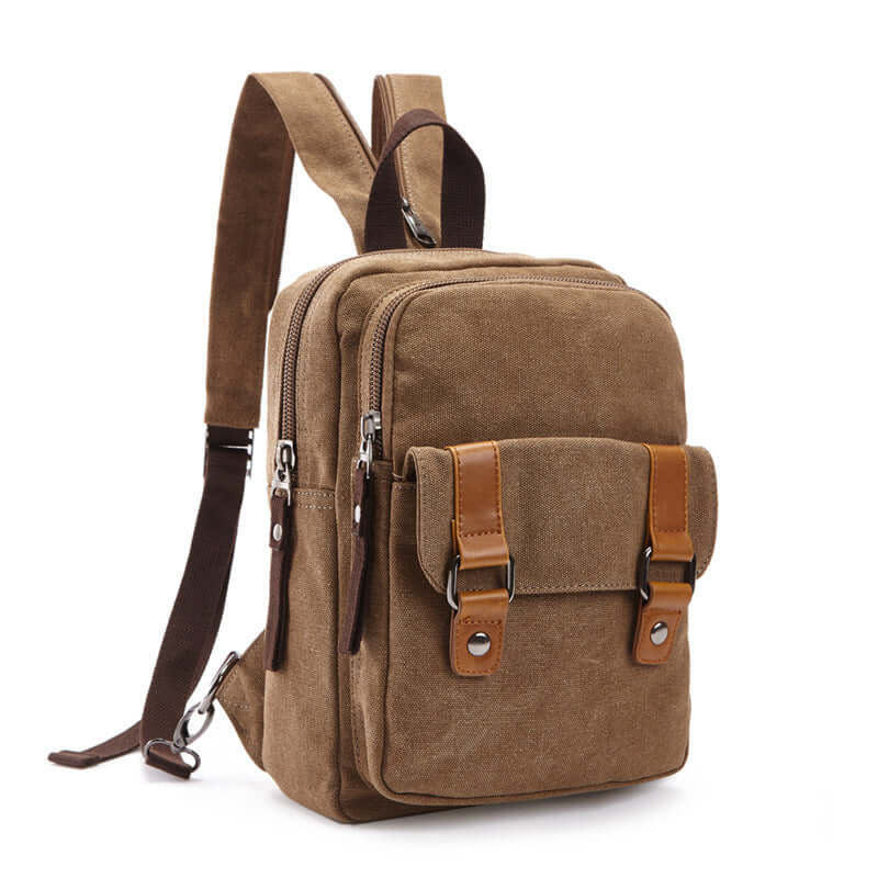 Stylish outdoor travel backpack made of PU and polyester cotton, featuring a square shape and zipper opening.