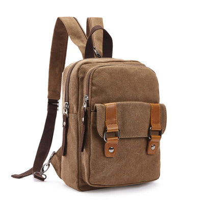 Stylish outdoor travel backpack made of PU and polyester cotton, featuring a square shape and zipper opening.