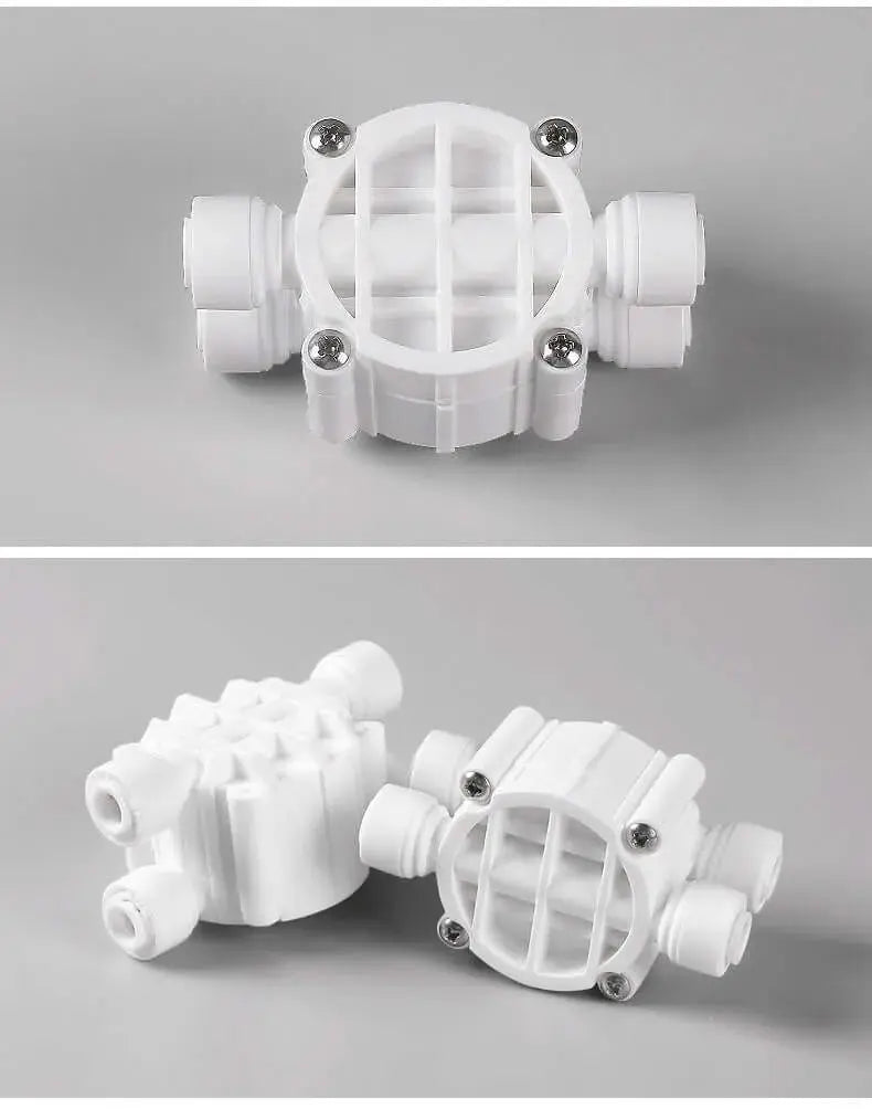 Nevytech Portable water purifier quick connection four-side valve in white, designed for reverse osmosis systems.