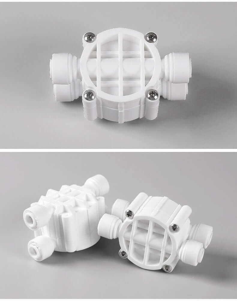 Portable water purifier quick connection four-side valve in white, designed for reverse osmosis systems.