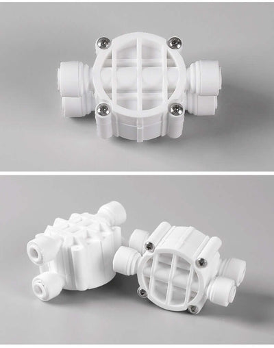 Portable water purifier quick connection four-side valve in white, designed for reverse osmosis systems.