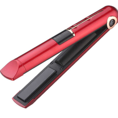 Wireless splint hair straightener in red color with sleek design and adjustable temperature settings.
