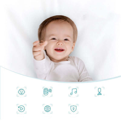 Happy baby interacting with features of the Wifi Intelligent Baby Monitor, showcasing its fun and user-friendly design.