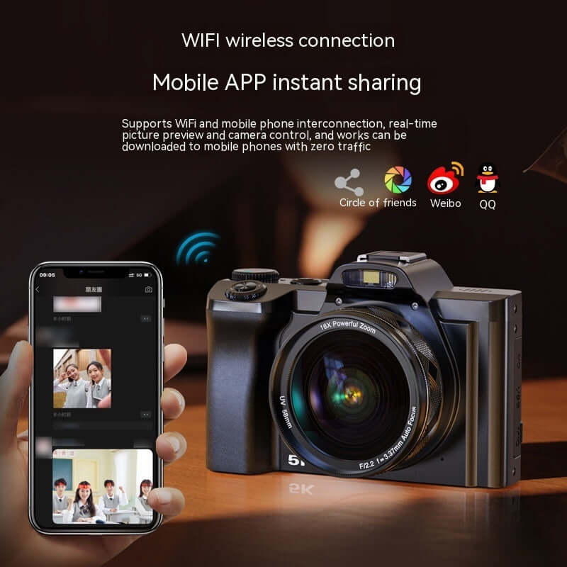 Electronic HD digital camera showcasing WiFi features and mobile app sharing with real-time control and preview.