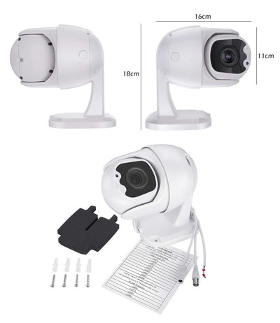 Wireless ball surveillance camera with specifications including dimensions and accessories, ideal for security monitoring.