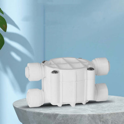 Portable home tool water purifier four-side valve in white, designed for quick connection in reverse osmosis systems.