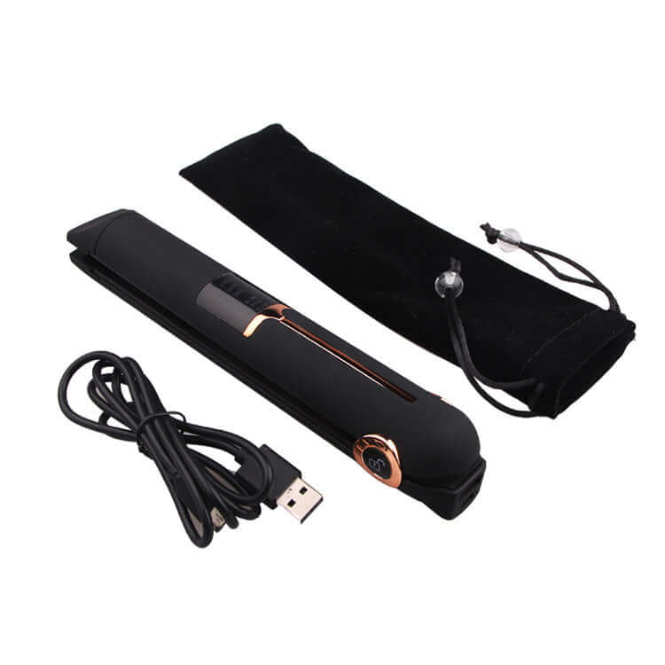 Wireless splint hair straightener with micro USB charging cable and protective pouch for easy styling.