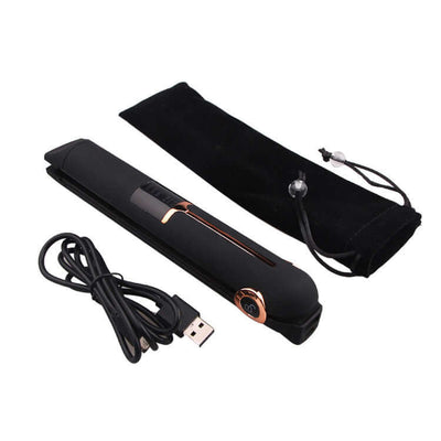 Wireless splint hair straightener with micro USB charging cable and protective pouch for easy styling.