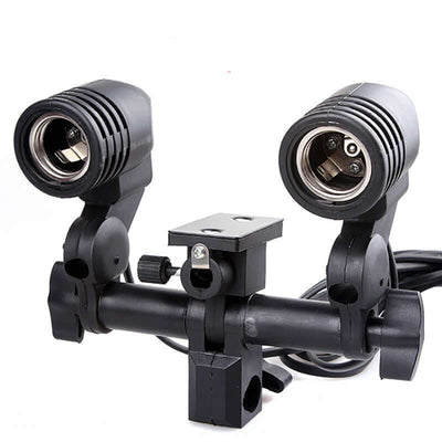 High-end photography double lamp holder with dual E27 sockets and adjustable mount for studio lighting.