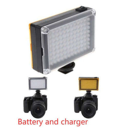 Portable PAD192 video light with battery and charger for SLR cameras, featuring adjustable fill light options.