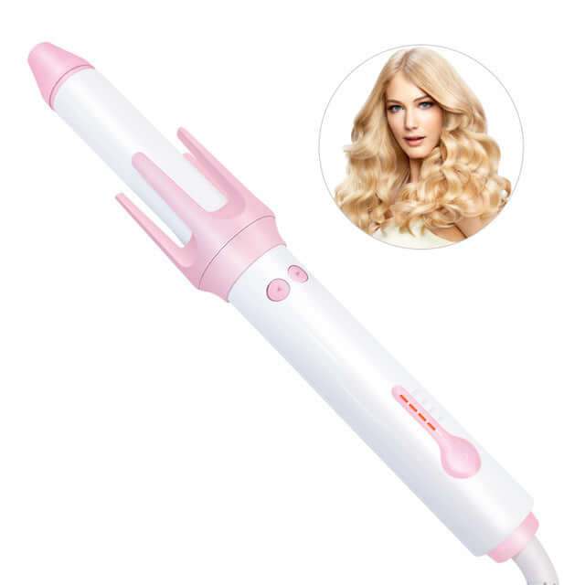 Automatic hair curler with pink accents, featuring temperature control and ideal for creating beautiful curls.