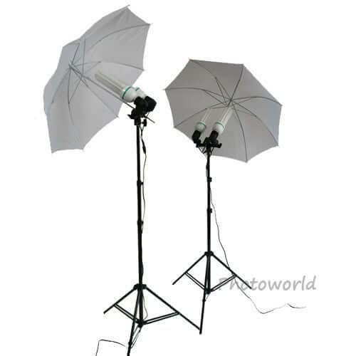Double lamp photography lighting equipment with white umbrellas on stands for studio use.