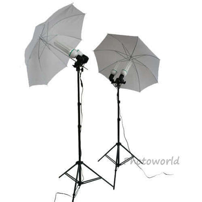 Double lamp photography lighting equipment with white umbrellas on stands for studio use.