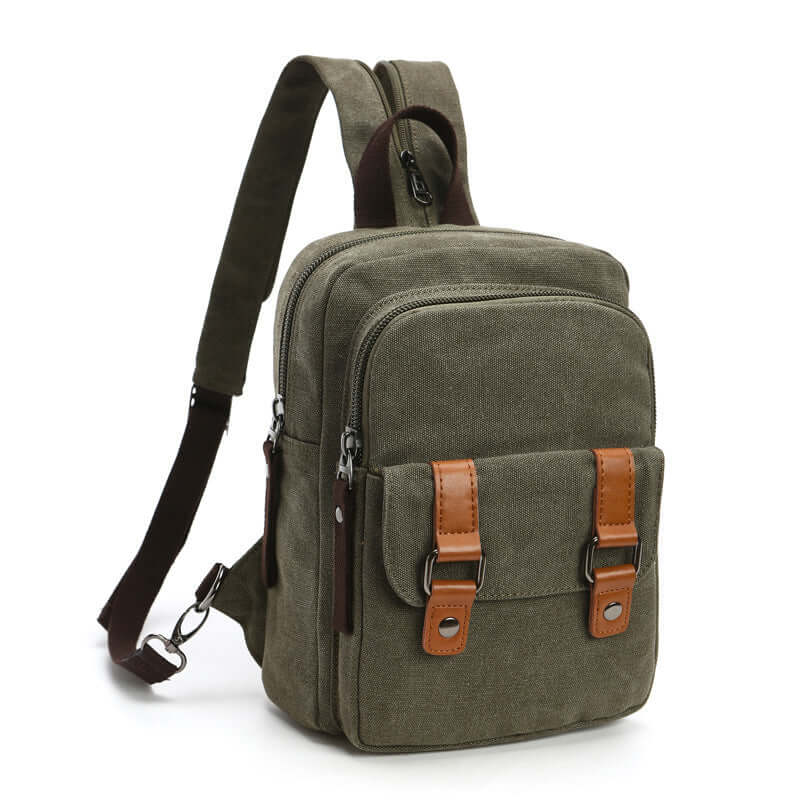 Casual outdoor travel backpack in olive green with brown accents and multiple zippered pockets.