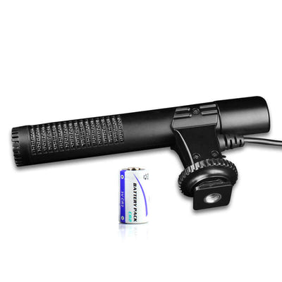 Black back-pole condenser microphone with battery for camera audio recording.