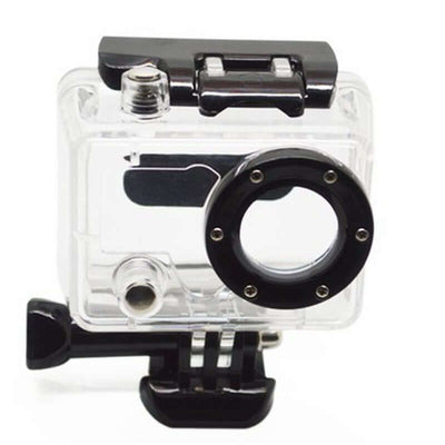 GoPro Hero2 waterproof case in transparent design, portable and compact for sports camera protection.